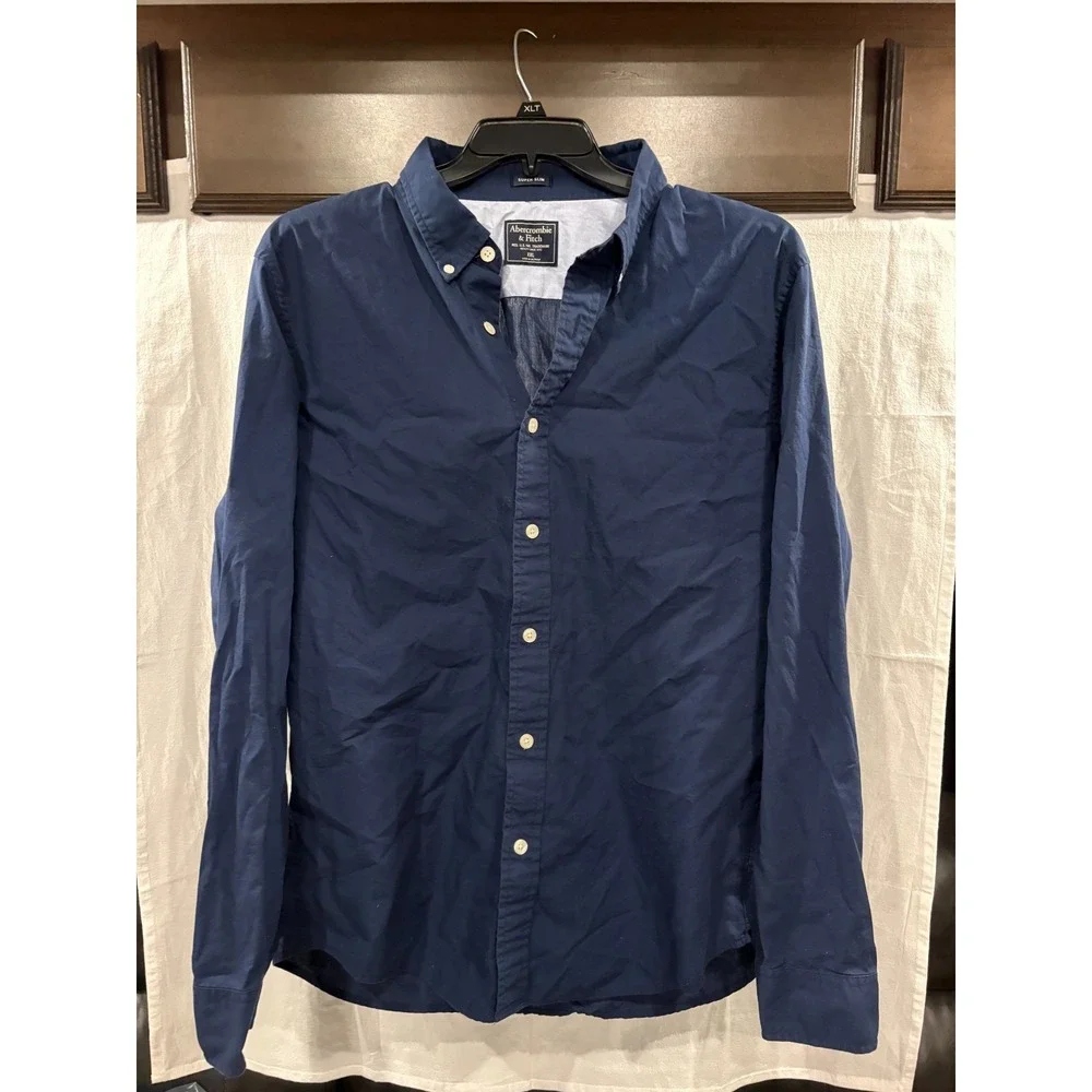 Abercrombie & Fitch Super Slim Button Up Shirt Mens XXL Navy Blue Stretch Cotton